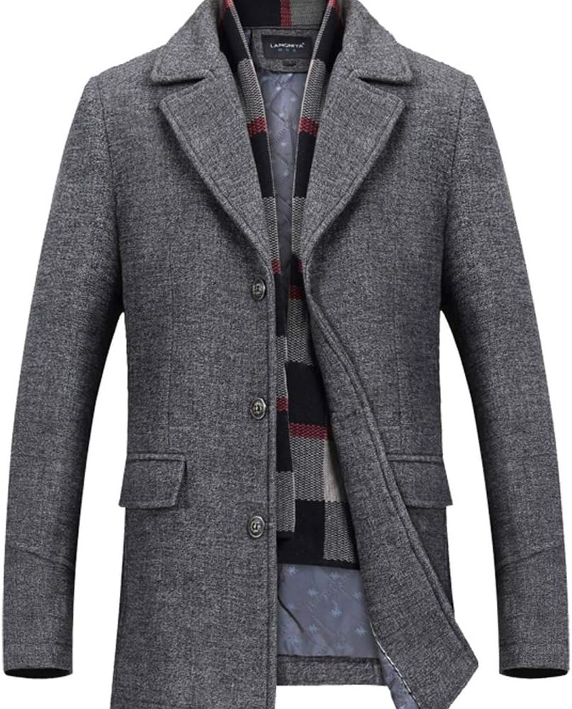 Men's Wool Blend Pea Coat Warm Winter Trench Coat with Detachable Soft Scarf Single Breasted Overcoat